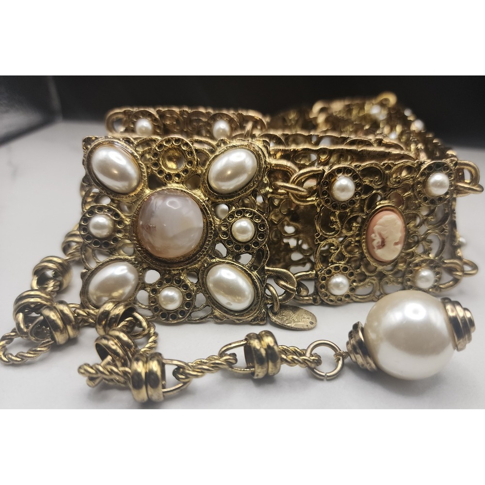 Vintage EXP Gold Filigree Chain Belt Faux Pearl Cameo Cabochon Victorian READ
